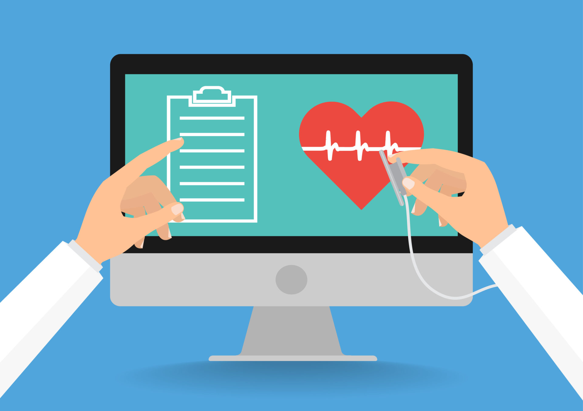 Doctor's hands with stethoscope and pointing computer screen for